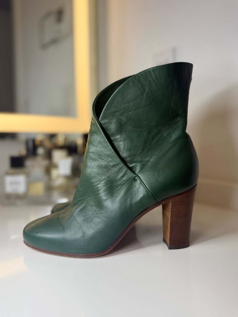 Celine Wrap Leather Ankle Boots in Forest Green Sz 37.5